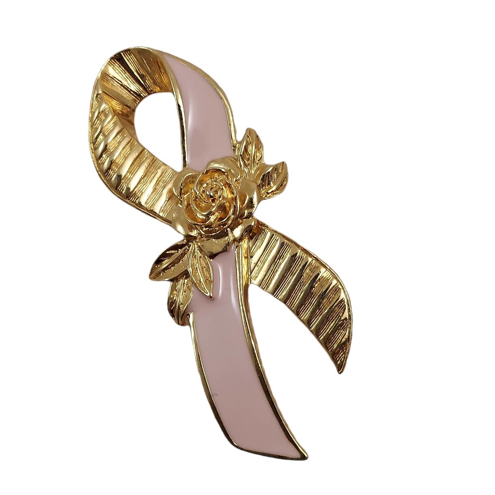 90's AVON Pink Ribbon Rose Brooch Vintage Breast Cancer Awareness Enamel Pin 2"